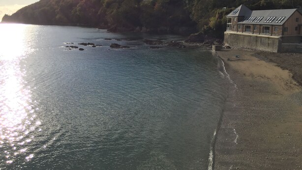 A coastal scene with a beach, a house with a sloped roof, and a forested hillside. - HOWTON COTTAGE - village cottage on coast path next to beaches (Cawsand)