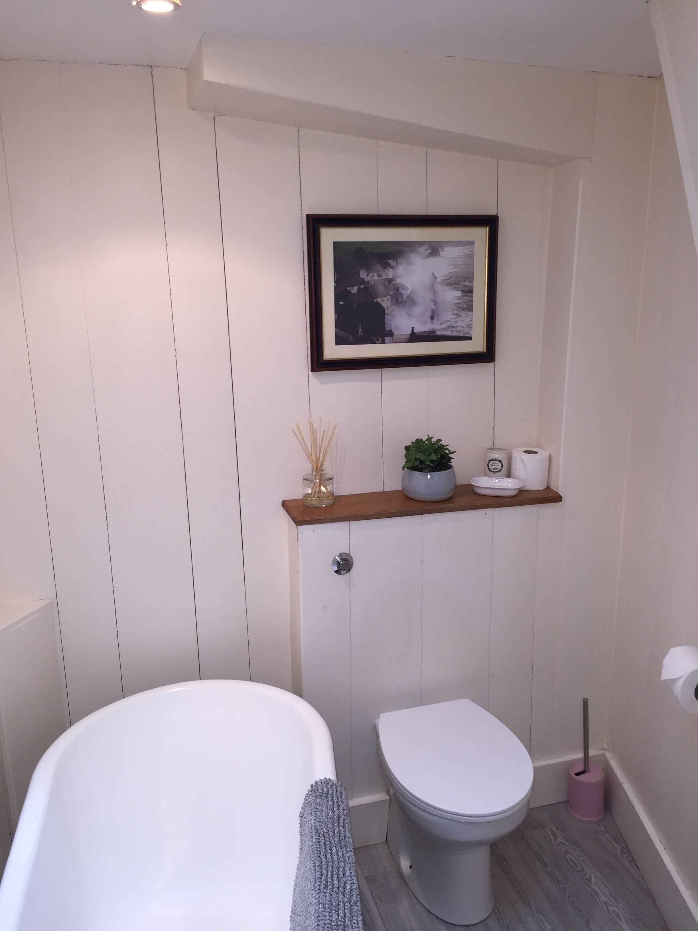 A bathroom with a bathtub, toilet, and a shelf with a plant and toiletries.