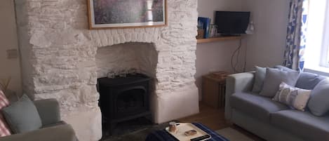 Un salon avec une cheminée en pierre, un canapé, une table basse avec des livres et un téléviseur posé sur une étagère.