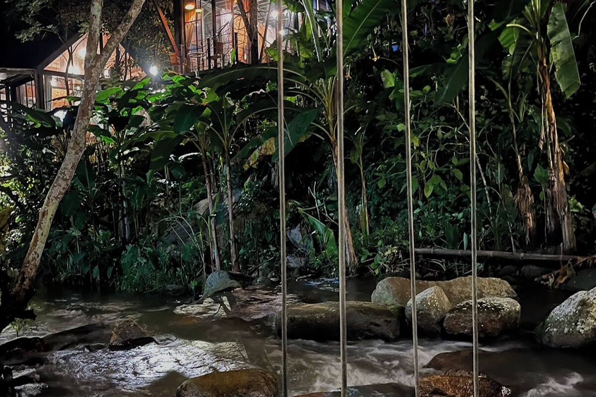 A serene outdoor area with a stream, wooden swing, and a building with illuminated windows.