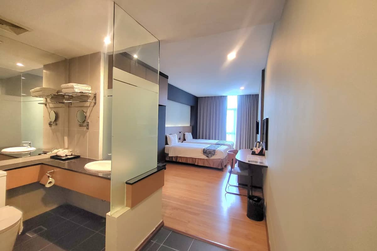 superior twin room | bathroom | shower, free toiletries, hair dryer, slippers