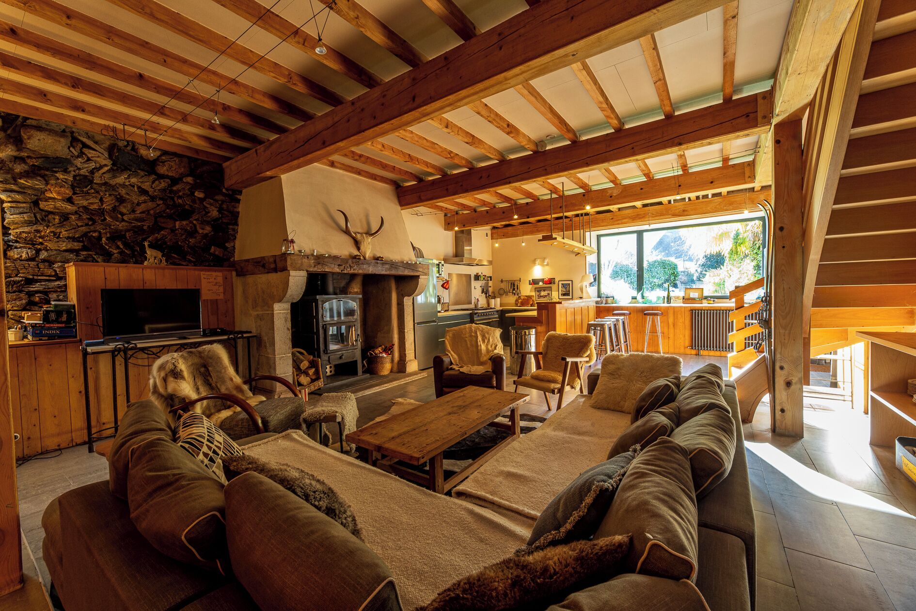 Televisión, chimenea, reproductor de DVD y libros 