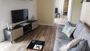 A modern living room with a flat-screen TV, a grey sofa, and a coffee table with remote controls.