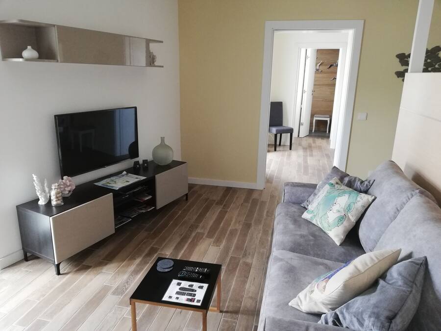 A modern living room with a flat-screen TV, a grey sofa, and a coffee table with remote controls.