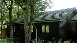 A wooden cabin with a sloped roof, surrounded by dense foliage. - Cozy chalet in a quiet, green area (Rendeux)