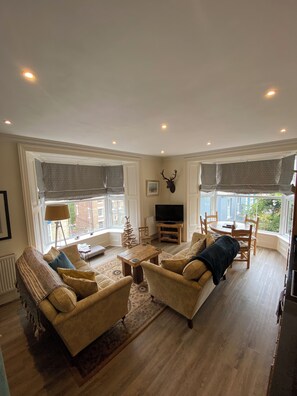 Televisio, DVD-soitin, kirjoja, stereot