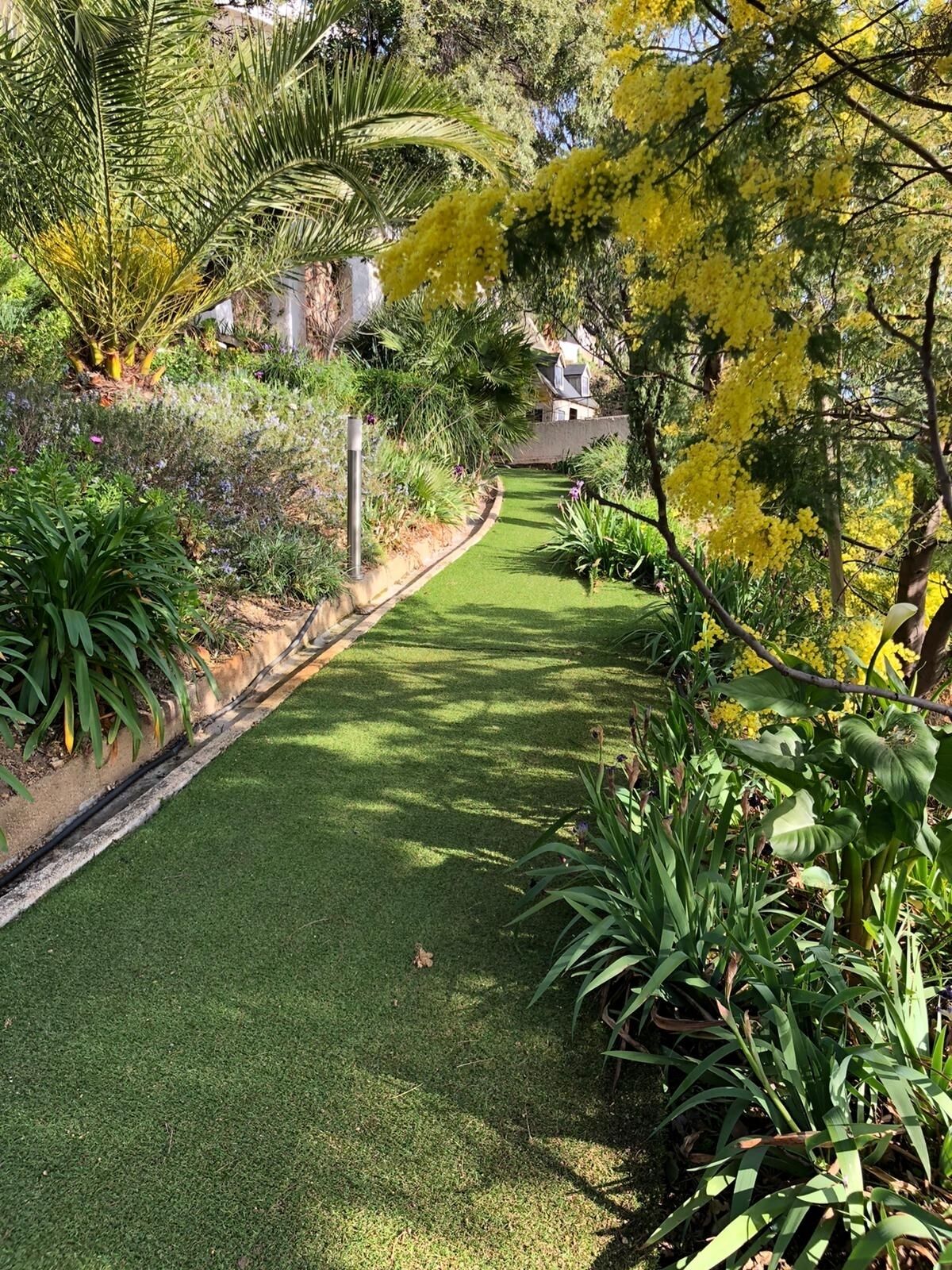 A well-maintained garden with a variety of plants and a neatly trimmed lawn.