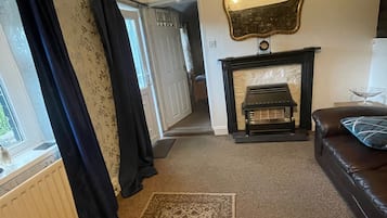 Smart TV, fireplace, DVD player, books