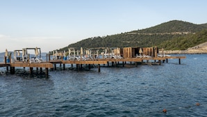 A wooden pier with lounge chairs and umbrellas extending into a body of water, with a forested hill in the background. - Duja Bodrum - All Inclusive (Bodrum)