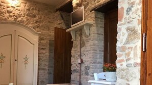 A rustic room with stone walls, a wooden door, a white cabinet, and a small table with a potted plant.