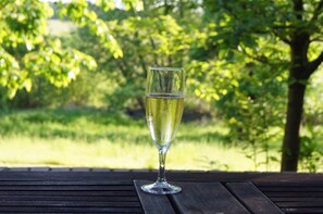 A glass of champagne on a wooden table with a blurred green background. - Cozy, comfortable country house in a dream location (Templin)