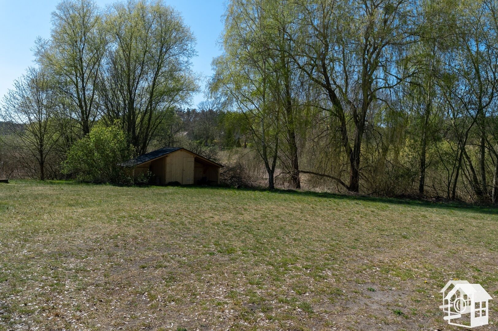 A rural property with a small wooden shed, open grassy fields, and trees.