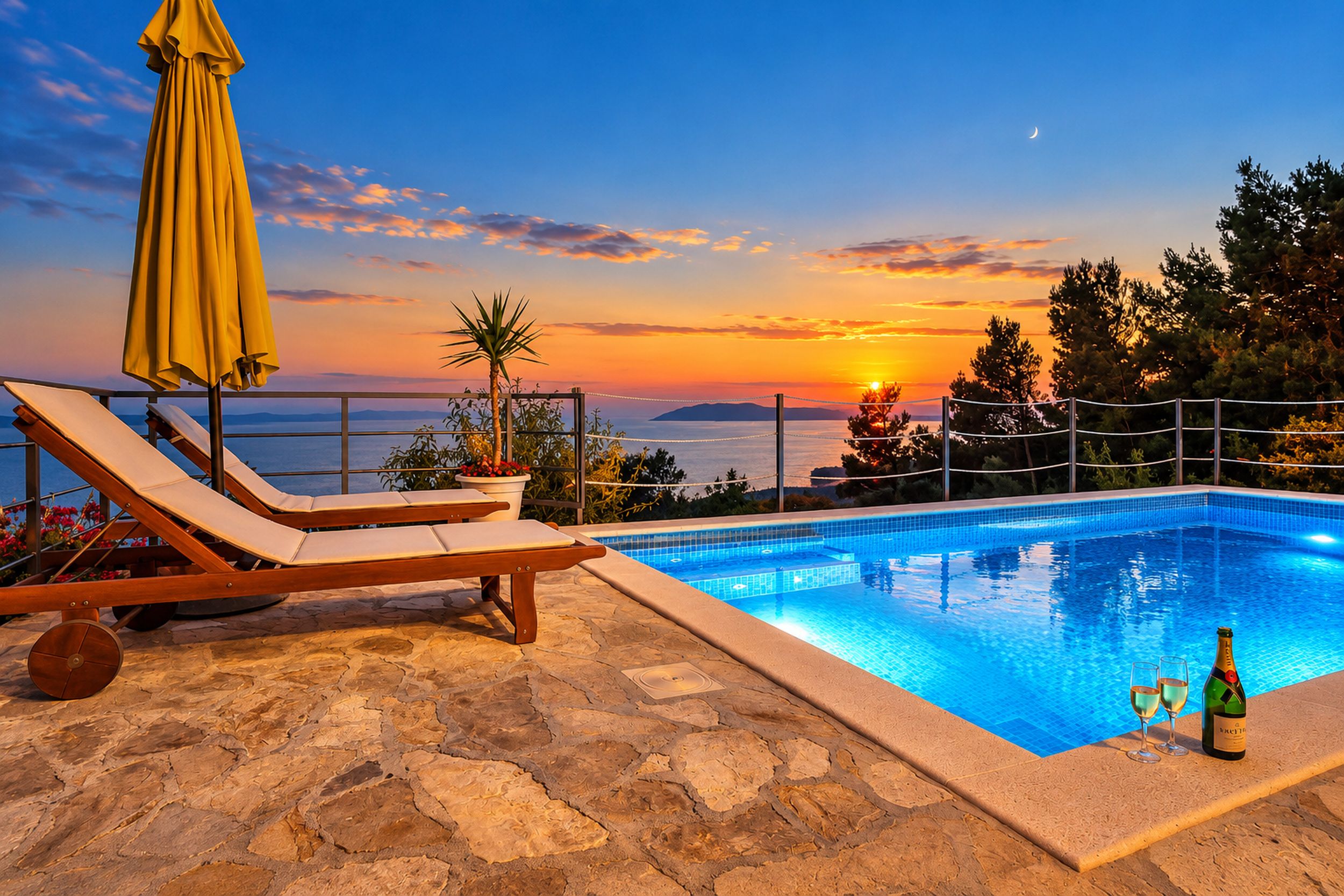 A poolside area with lounge chairs, a yellow umbrella, and a bottle of champagne.