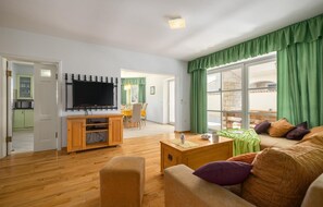 TV, DVD player, foosball, stereo