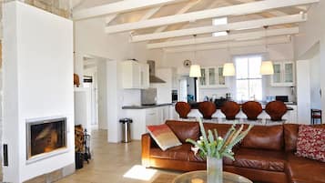 Smart TV, fireplace, DVD player, stereo