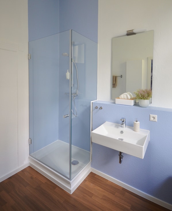 A bathroom with a glass shower enclosure, a white sink, and a mirror above it.