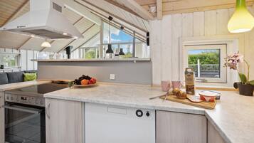 Fridge, stovetop, dishwasher, coffee/tea maker