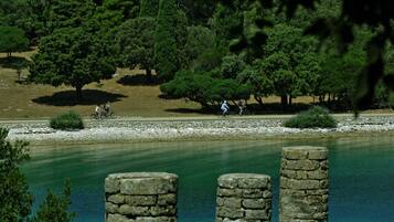 A stone bridge over a calm river, surrounded by lush greenery and trees.
