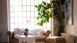 Um quarto aconchegante com um sofá de vime, uma mesinha com uma orquídea em vaso e uma janela grande com vista.