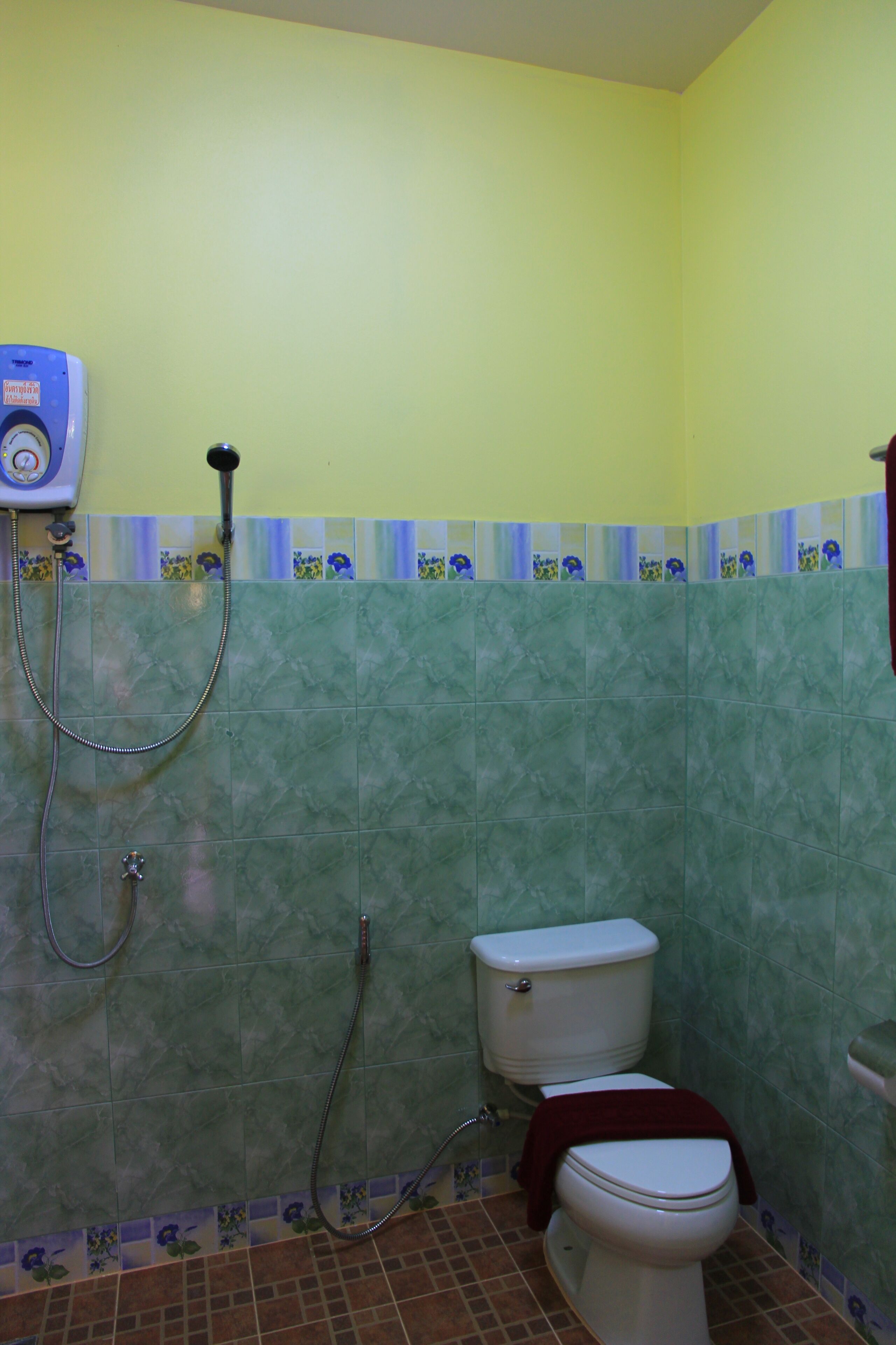 A bathroom with a toilet, shower, and a wall-mounted faucet.