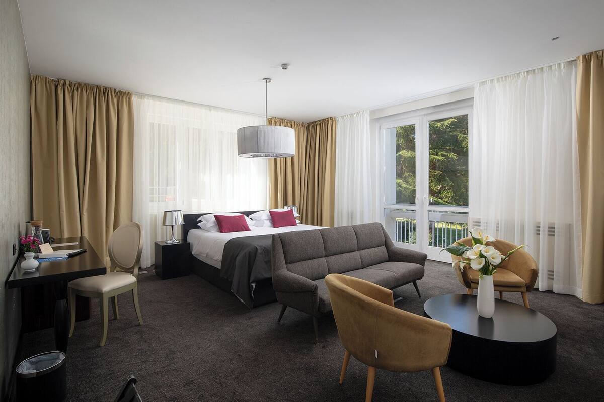 A hotel room with a bed, a sofa, a desk, and a chair.