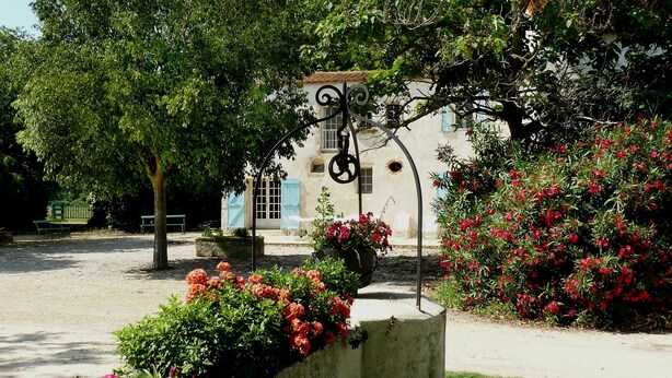 Un patio con un edificio blanco, una reja metálica y plantas con flores.