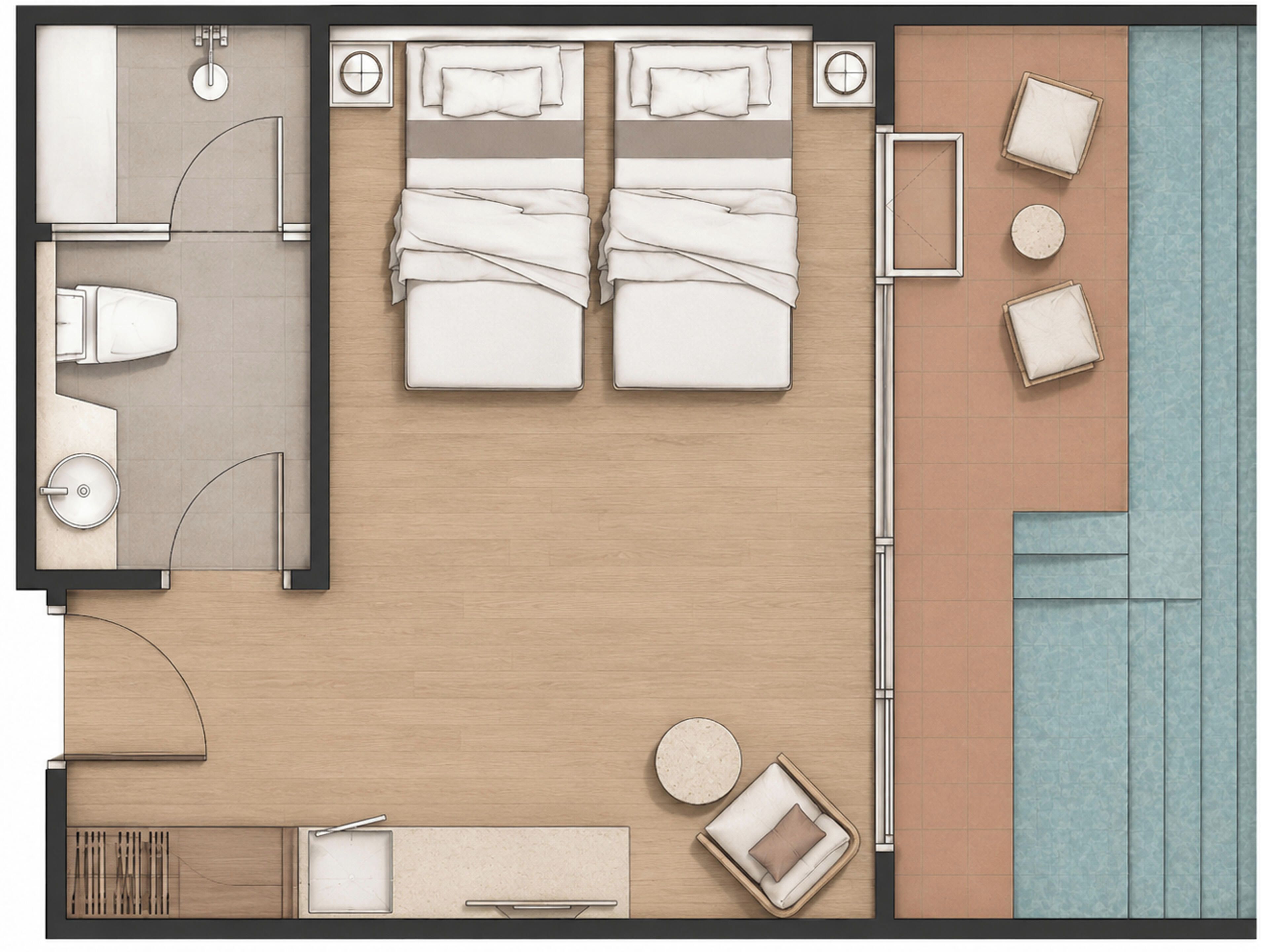 A hotel room layout with two beds, a sitting area, a small table, and a bathroom.