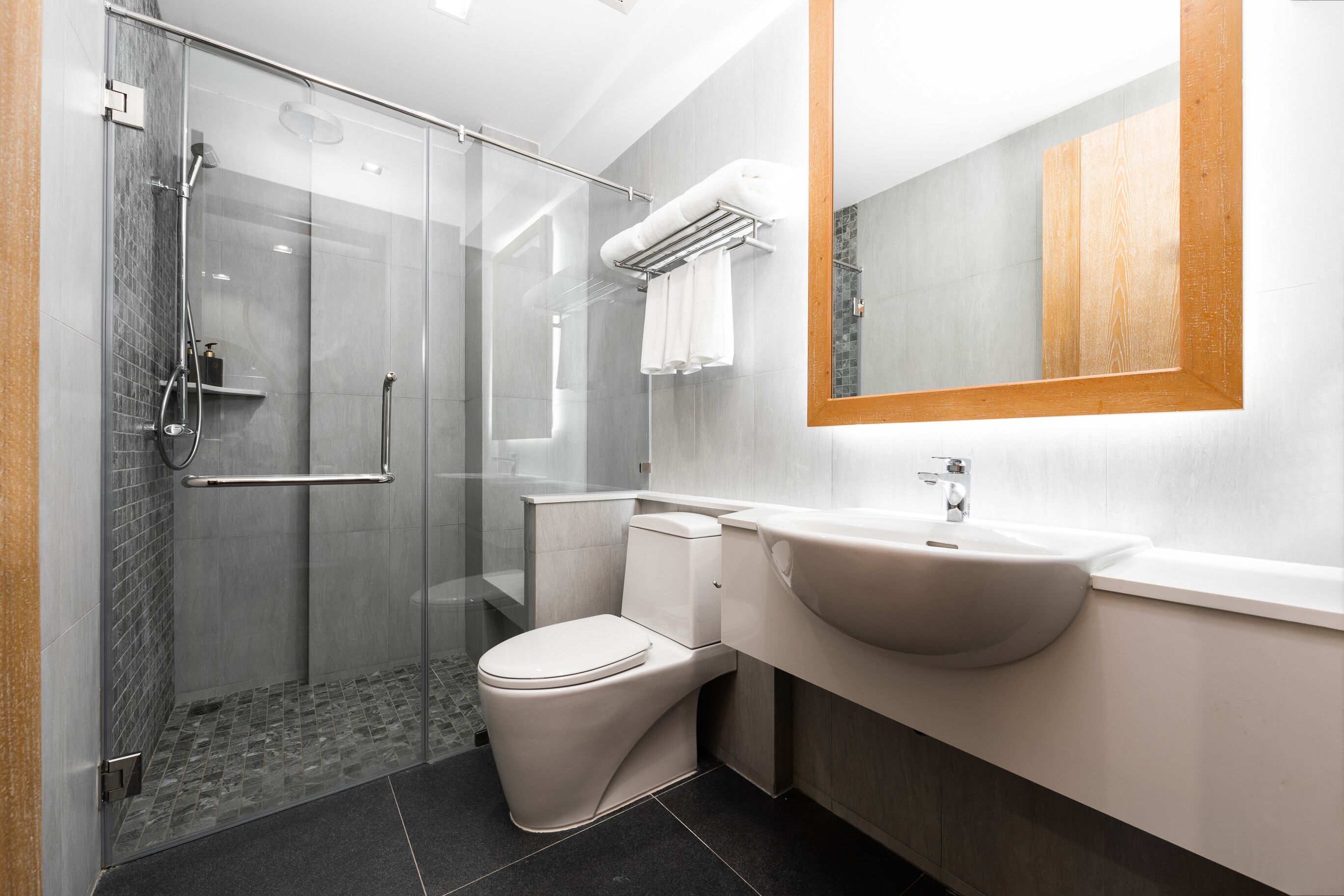 A modern bathroom with a glass-enclosed shower, a white toilet, a sink, and a large mirror.