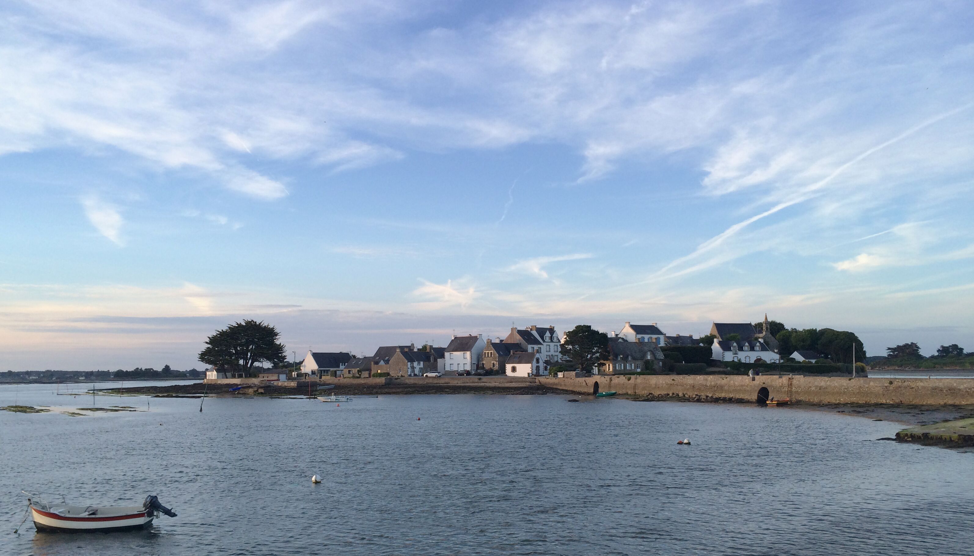 A riverside view with houses and a boat.