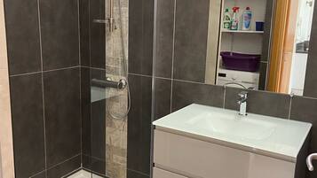 Shower, hair dryer, towels