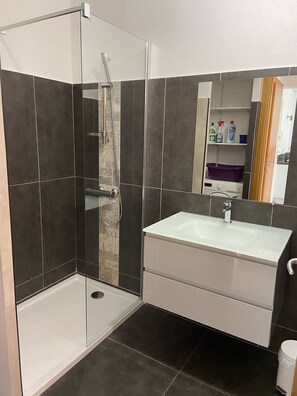 Shower, hair dryer, towels