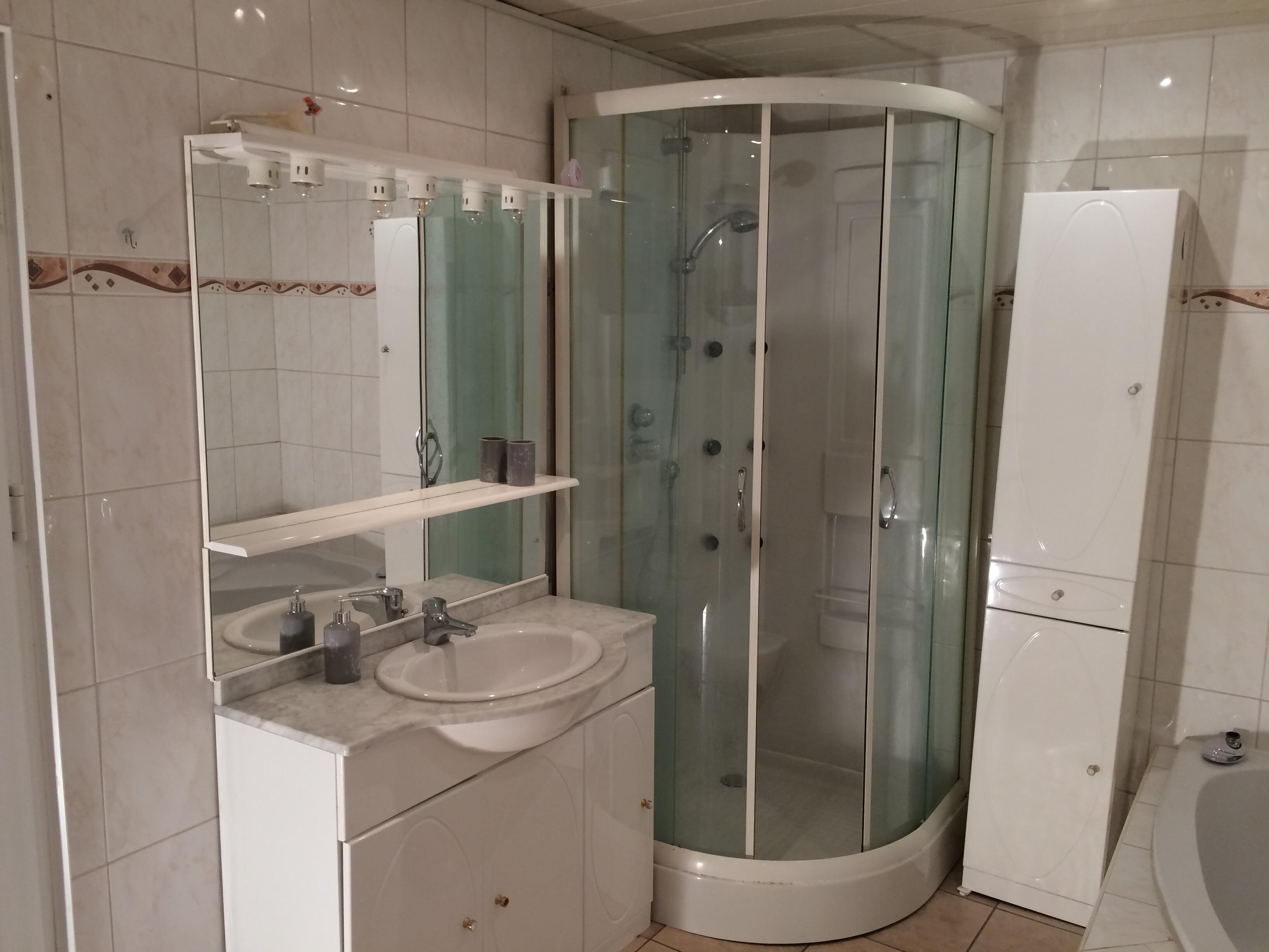 A modern bathroom with a curved glass shower enclosure, a sink with a mirror, and a toilet.