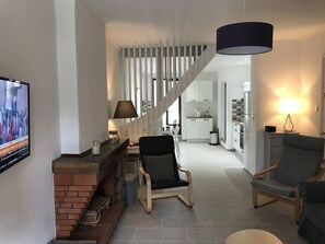 TV, fireplace, books