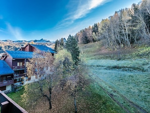 A lodge with a blue roof, surrounded by trees and a mountain backdrop.