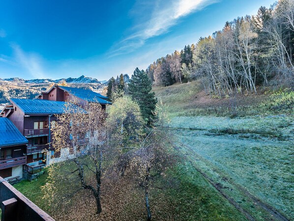 A lodge with a blue roof, surrounded by trees and a mountain backdrop.