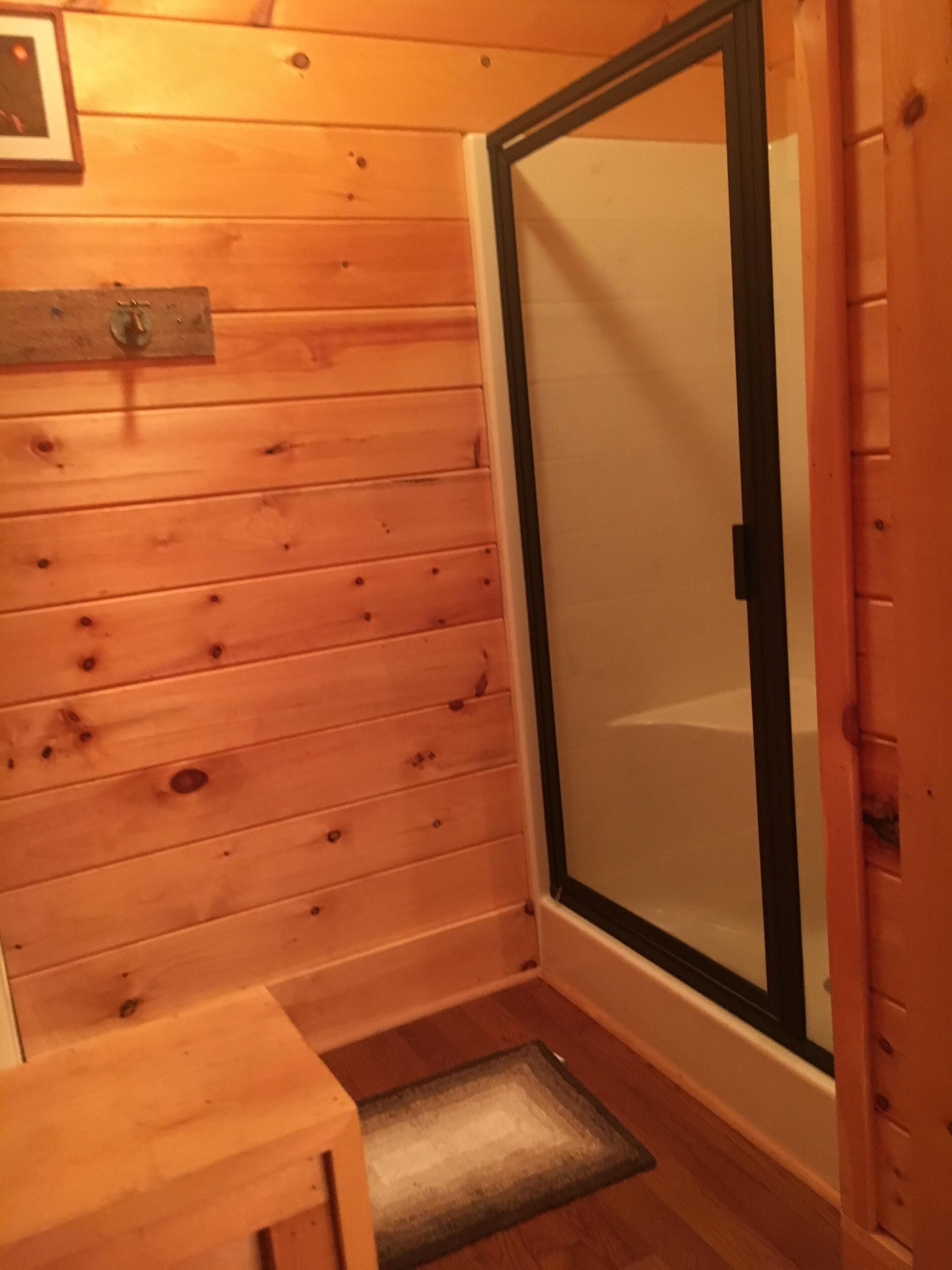 A wooden cabin with a glass door leading to a shower area.