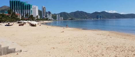 A beach with a clear sky, palm trees, and a mountain range in the background.