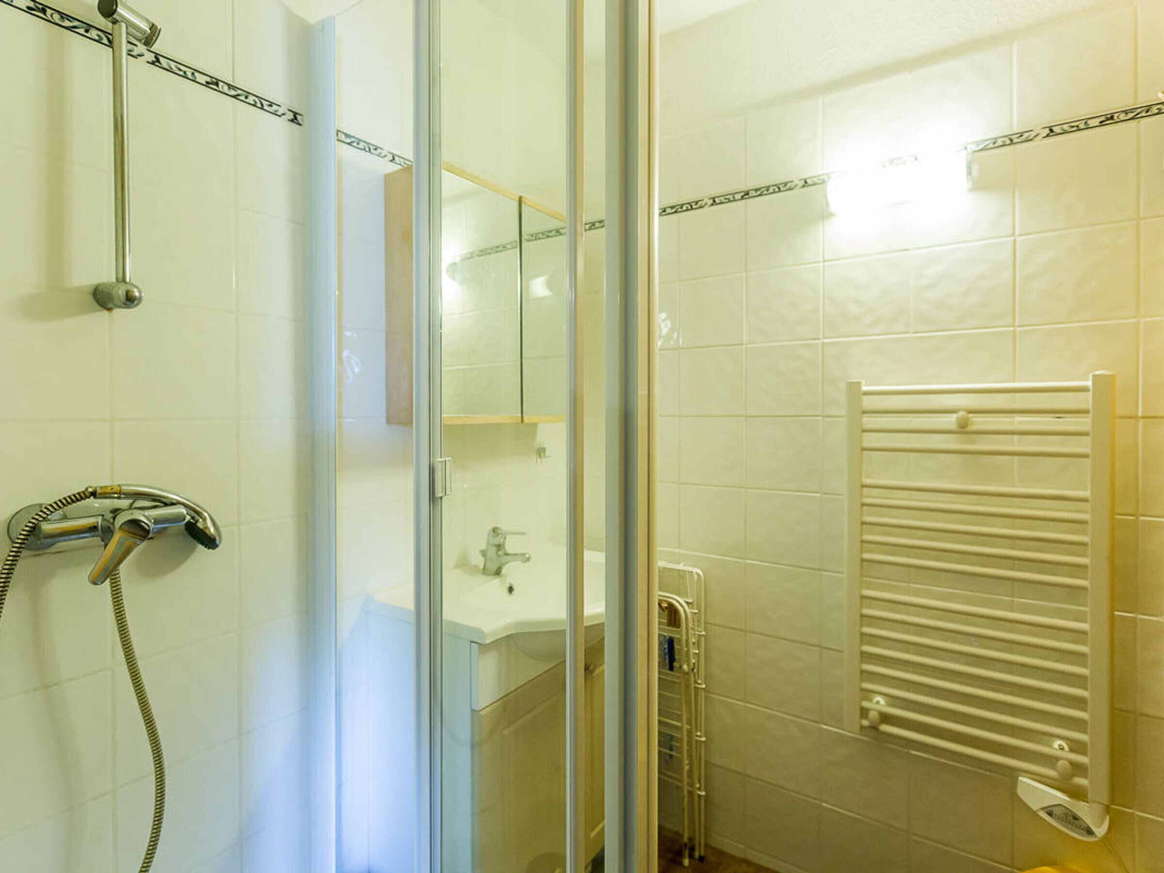 Ein Badezimmer mit Duschkabine aus Glas, einem Handtuchhalter und einer sichtbaren Toilette.