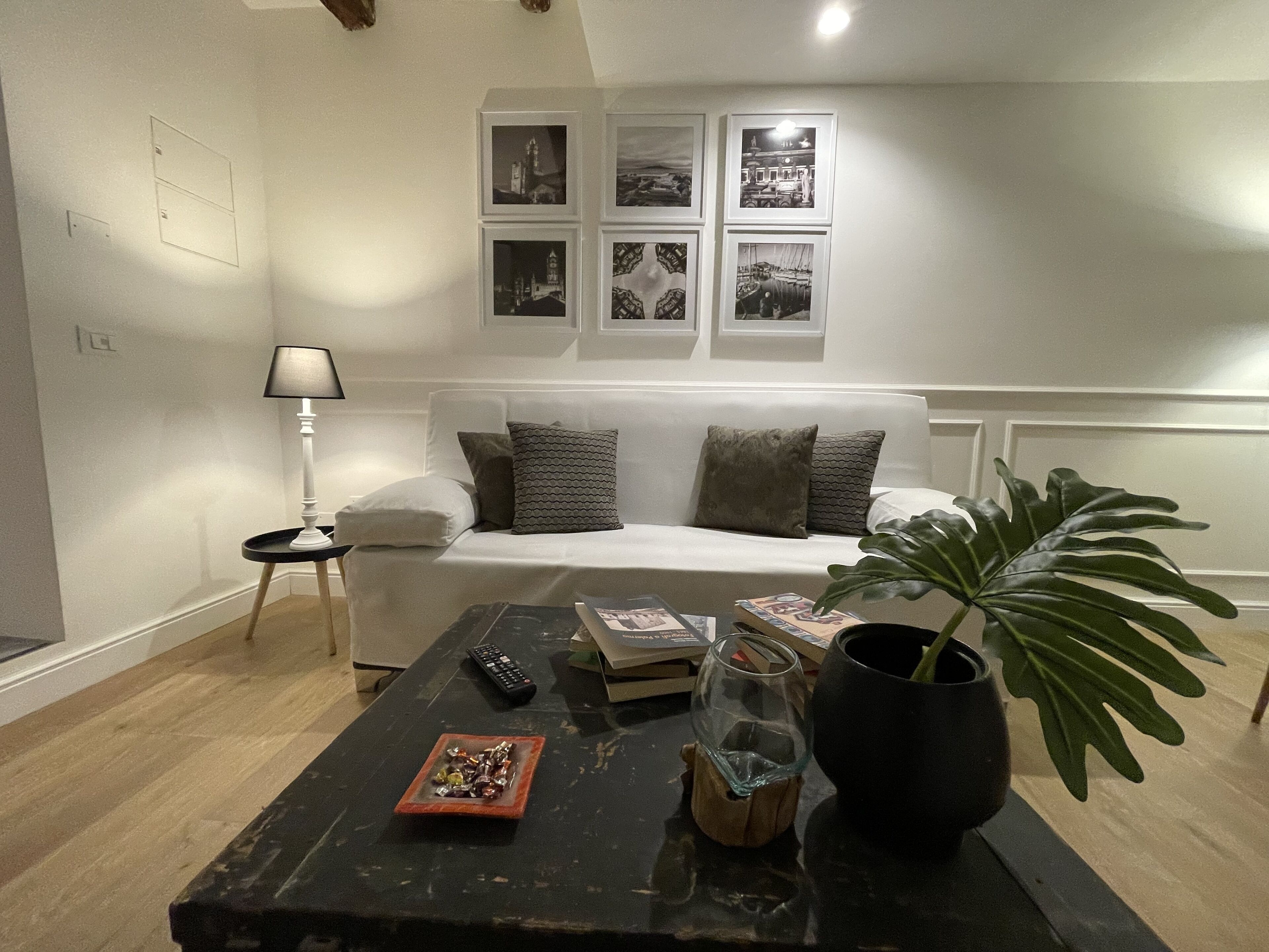 Un salón con un sofá blanco, una mesa de centro con libros y una planta, y cuadros en la pared.