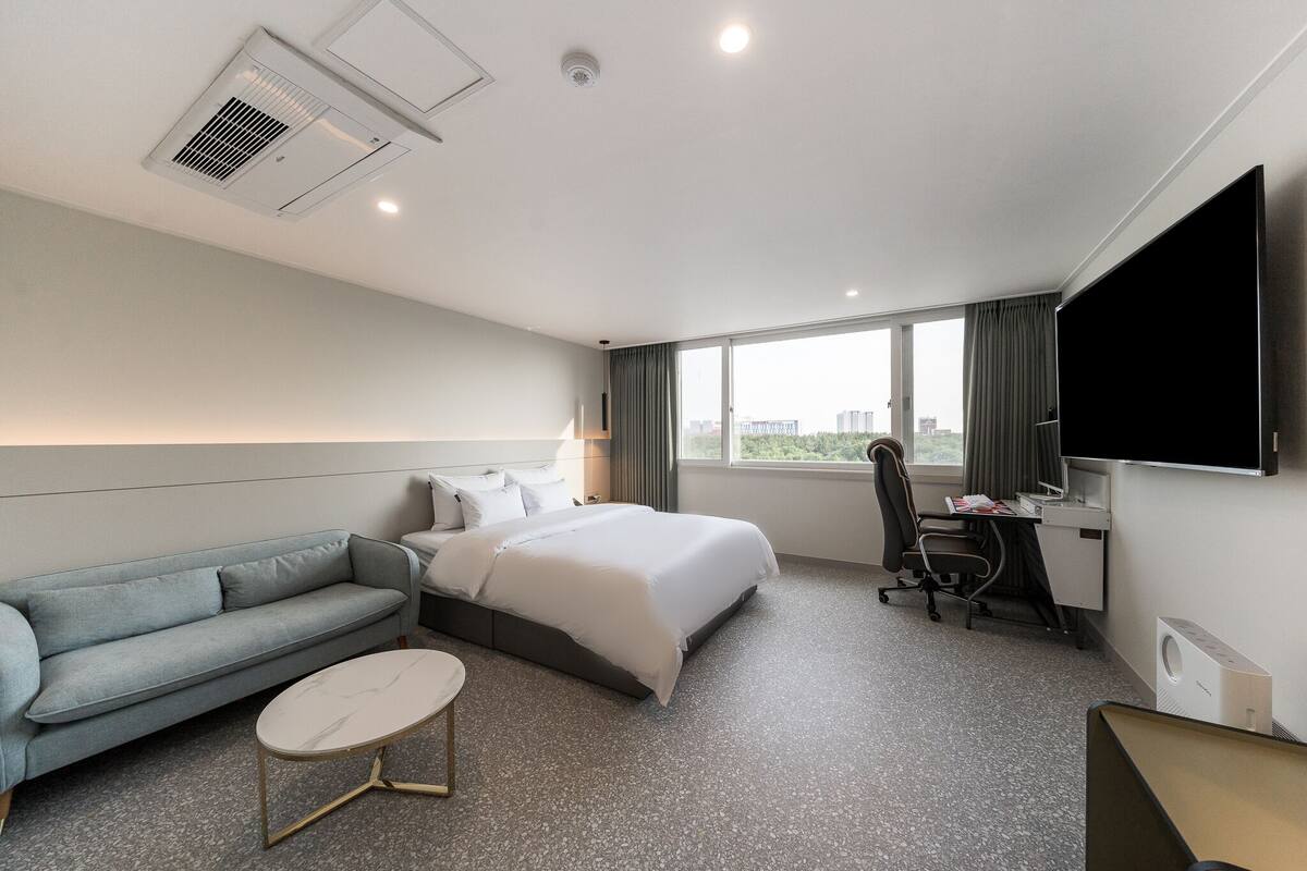 A hotel room with a bed, a sofa, a desk, a chair, a TV, and a window with a city view.