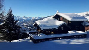 A snow-covered lodge with a mountain backdrop, wooden exterior, and a satellite dish. - Les Eterlous - Very beautiful Chalet 200m from the slopes of La Plagne - 12-15 pers. (Aime-La-Plagne)