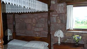 A four-poster bed with a lace canopy, a wooden dresser with drawers, a chair, and a window with a view of greenery.