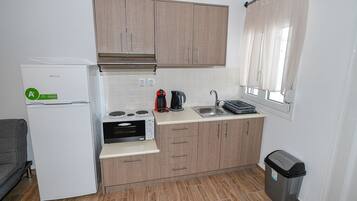 Deluxe studio suite | Privékitchenette | Een koelkast, een microgolfoven, een kookplaat, een espressoapparaat