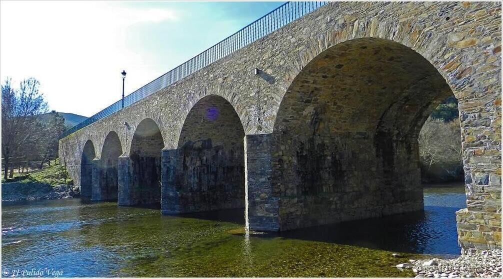 A stone bridge with multiple arches over a river.