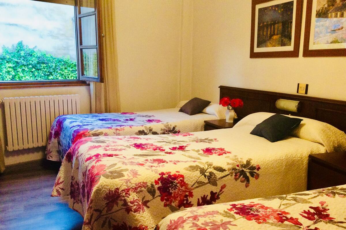 A hotel room with two beds, a window with a view of greenery, a radiator, and a night sky view through the window.
