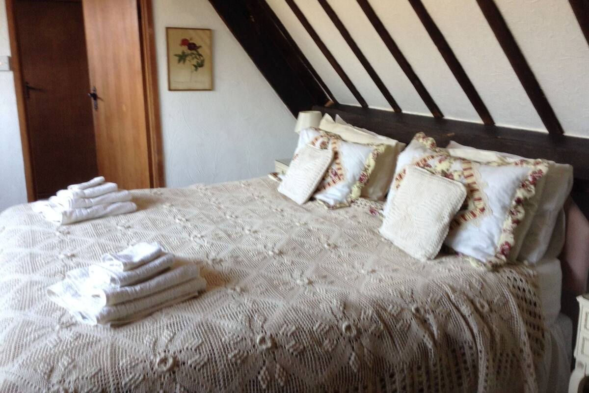 A bedroom with a large bed, a wooden door, and a framed picture on the wall.