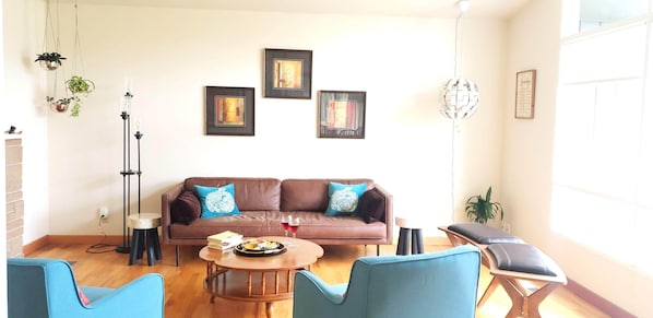 Smart TV, fireplace, books