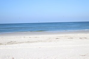 On the beach, sun loungers