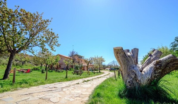 A stone pathway leading through a park with picnic tables and a large tree stump. - Hotel Rural El Molino (Ayoó de Vidriales)