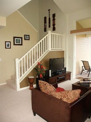 Televisión de pantalla plana, reproductor de DVD y biblioteca musical